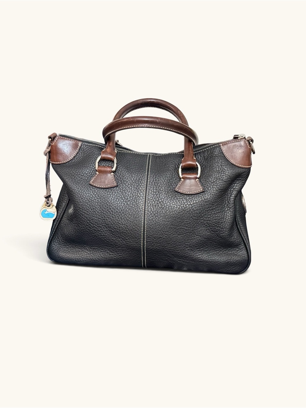 Vintage Dooney & Bourke Black Pebbled Leather Top Handle Bag W/ Brown Trim - Picture 9 of 12